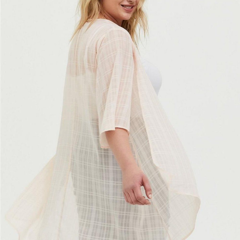 Torrid Light Pink Plaid Sheer Chiffon Kimono/Cover Up/Cardigan Plus Sz 1 - Picture 2 of 12